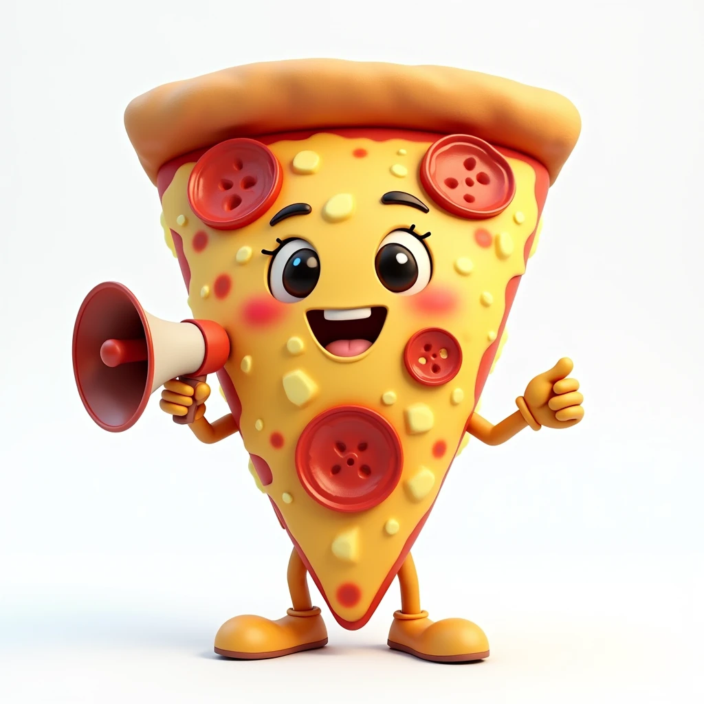 Create a hyper-realistic image of a mascot named WillPizza, shaped like a pizza slice, (((in focus))), shown from a front-facing view. WillPizza should have a golden and slightly crispy crust, with melted cheese and toppings visible, capturing the realistic details of a freshly baked slice. Ensure WillPizza has a friendly and approachable expression, possibly with cartoonish eyes and a smile. In one hand, WillPizza should be holding a megaphone, adding a touch of personality to the character. (((in focus))) The background must be completely white, resembling a studio setting or transparent, with no distractions or additional elements. The entire WillPizza mascot, including the megaphone, should be fully visible, with no parts cut off. Use soft, flattering lighting to highlight the texture and colors of the pizza and the megaphone, emphasizing their appearance. The image must be ultra-realistic, crystal clear, 8K UHD, with fine details and a polished, high-quality finish. Ensure the entire image is extremely sharp and (((in focus))), with absolutely no blurriness or softness. All details should be perfectly clear and defined, with absolute focus across the entire image. Use the lens at full aperture to achieve maximum sharpness and clarity (((in focus))).