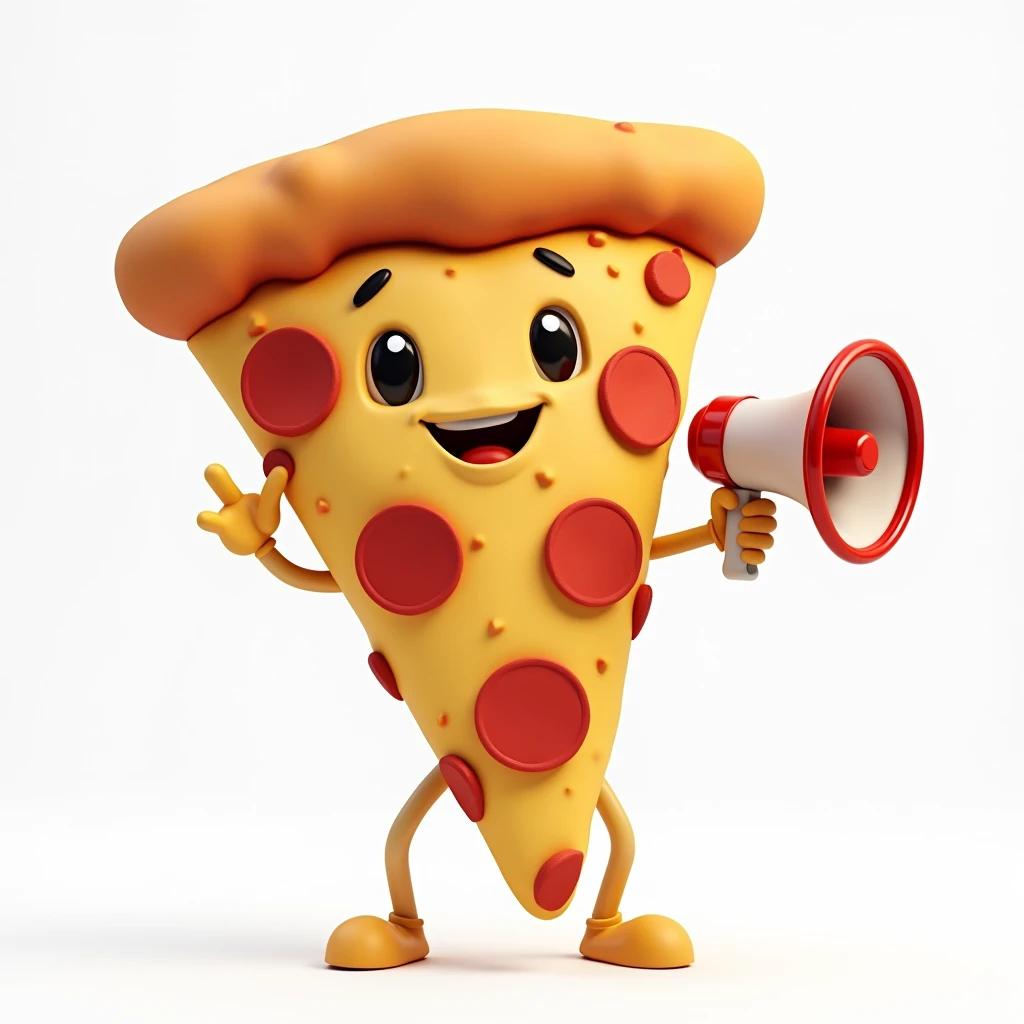 Create a hyper-realistic image of a mascot named WillPizza, shaped like a pizza slice, (((in focus))), shown from a front-facing view. WillPizza should have a golden and slightly crispy crust, with melted cheese and toppings visible, capturing the realistic details of a freshly baked slice. Ensure WillPizza has a friendly and approachable expression, possibly with cartoonish eyes and a smile. In one hand, WillPizza should be holding a megaphone, adding a touch of personality to the character. (((in focus))) The background must be completely white, resembling a studio setting or transparent, with no distractions or additional elements. The entire WillPizza mascot, including the megaphone, should be fully visible, with no parts cut off. Use soft, flattering lighting to highlight the texture and colors of the pizza and the megaphone, emphasizing their appearance. The image must be ultra-realistic, crystal clear, 8K UHD, with fine details and a polished, high-quality finish. Ensure the entire image is extremely sharp and (((in focus))), with absolutely no blurriness or softness. All details should be perfectly clear and defined, with absolute focus across the entire image. Use the lens at full aperture to achieve maximum sharpness and clarity (((in focus))).