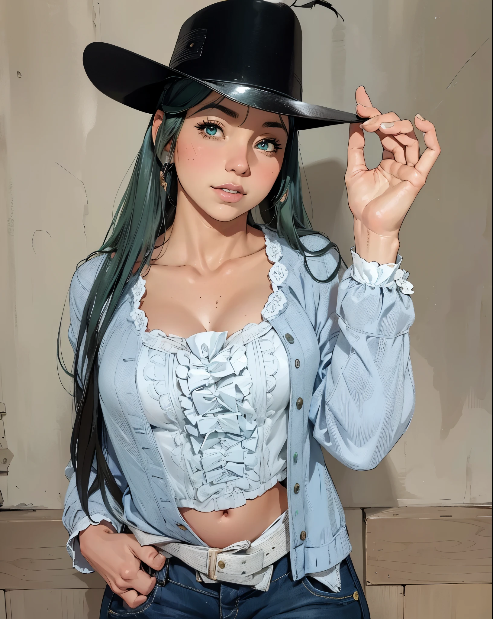 miku, like Ana Castela, hair green, extremely lifelike, muito Linda, big-ass, legs thick, wearing hat, roupa cowgirl, Linda, 