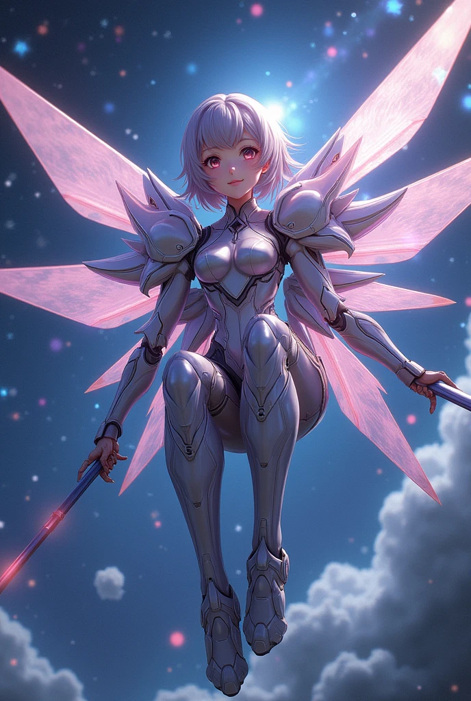 beautiful anime girl, holding katar in both hand, using mecha suit, sitting in the sky, have 4 mecha butterfly wings, smile, background galaxy war