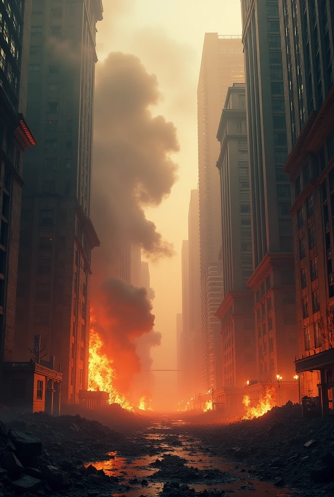 (extremely realistic cyberpunk city street, best quality),(hazy, smoky,with neon lights),(nuclear bomb explosion, debris, broken buildings, raging flames)(wide shot, at the end of street, many people running):0.9, (embers, dust, debris, scattered and twisted metal, raging flames, scattered sparks):0.8