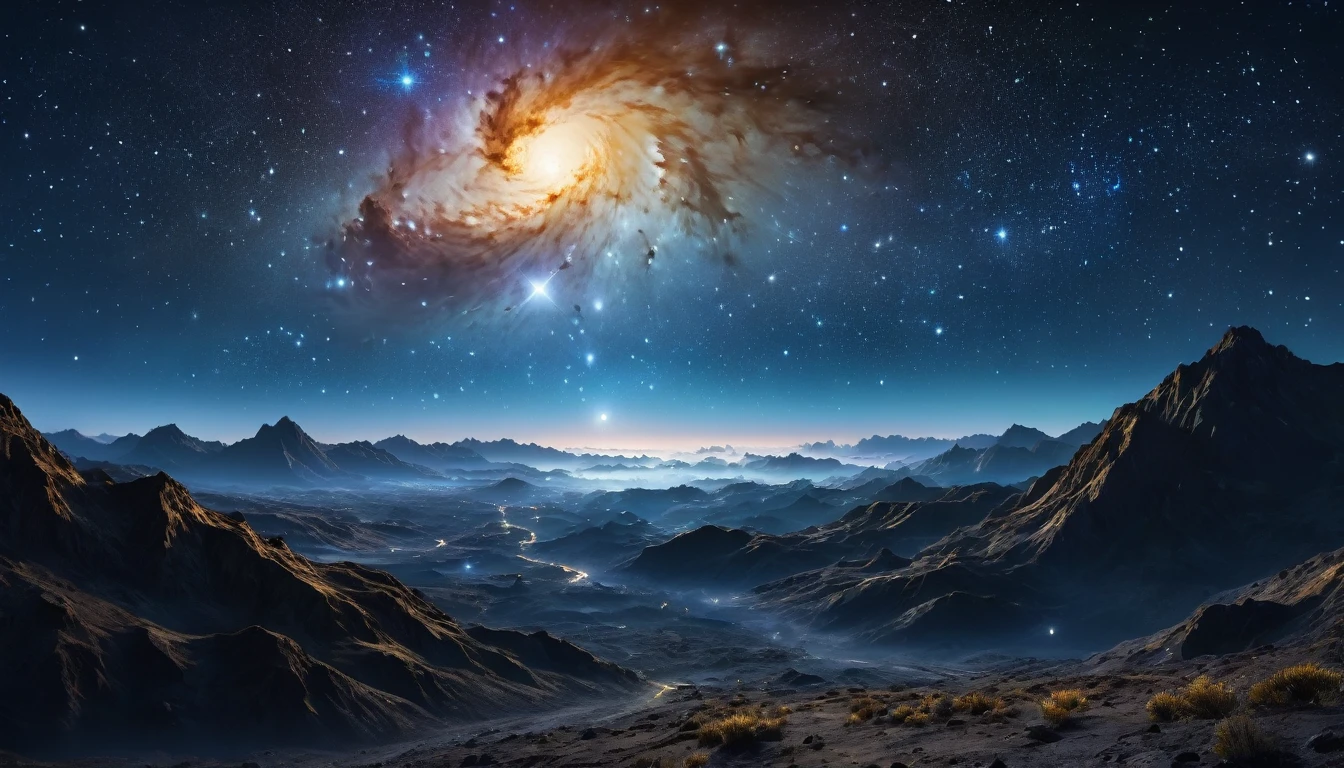 Heavenly cosmic landscape, orion constellation, hyper-realistic, super-realistic, UHD, 16K resolution, High Resolution, complementary shades of color, consider the golden ratio for composition, Masterpiece, Best Quality, Intense lights