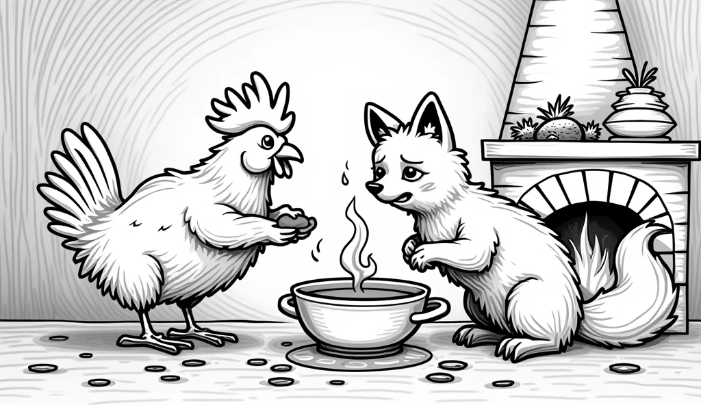 drawing of a fox and a chicken. The chicken must be cooking a nail soup and the fox must be making a fire, to a fireplace at night. The drawing must be and cannot be colored.. The chicken must look smart and the fox must look hungry and tired.. The image must be for coloring. remember if, The chicken is the one cooking.