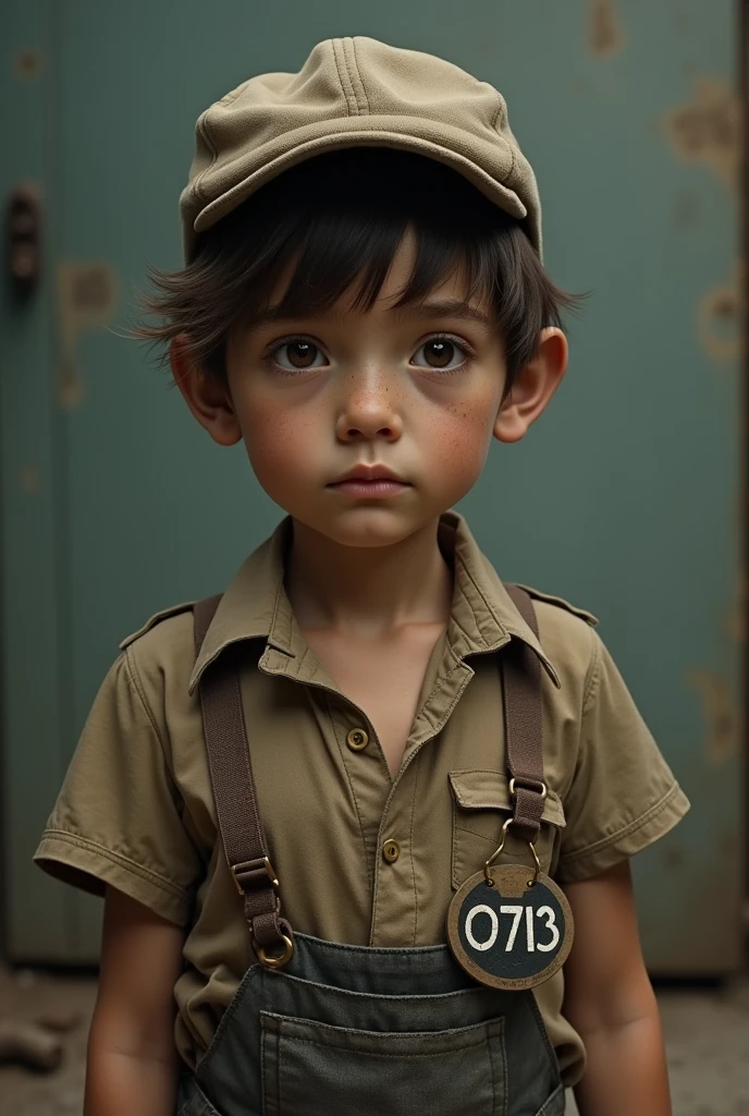 A poor boy with a work badge on his chest with 0713 written on it and a hat