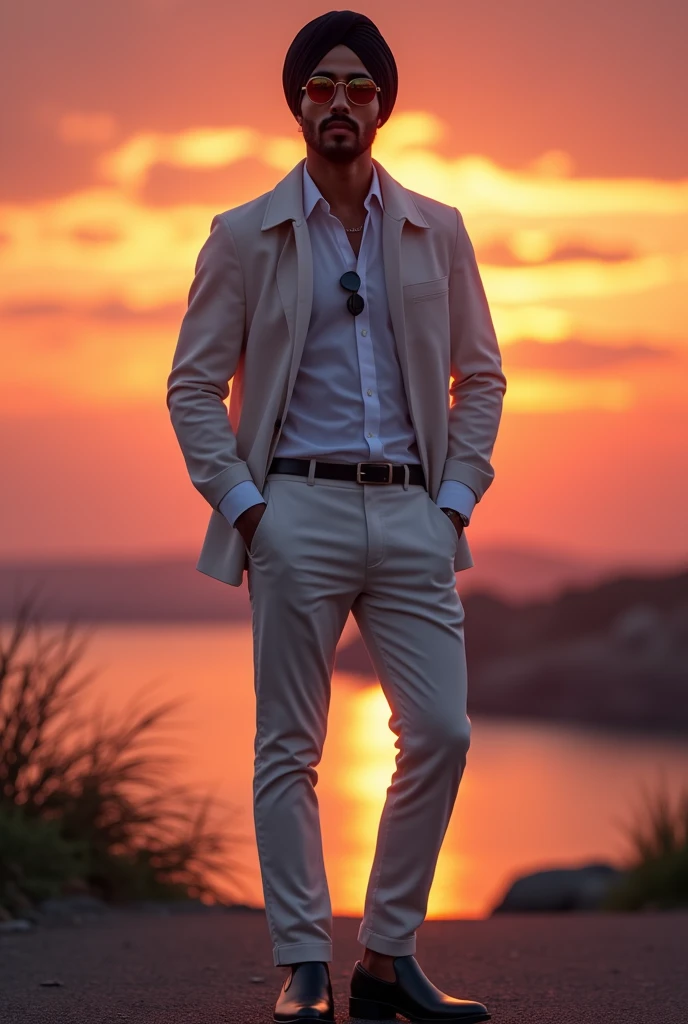A man with stylish  no beard , wearing black turban with sunglasses  , white shirt and boot cut trousers , chalsea shoes standing in sunset