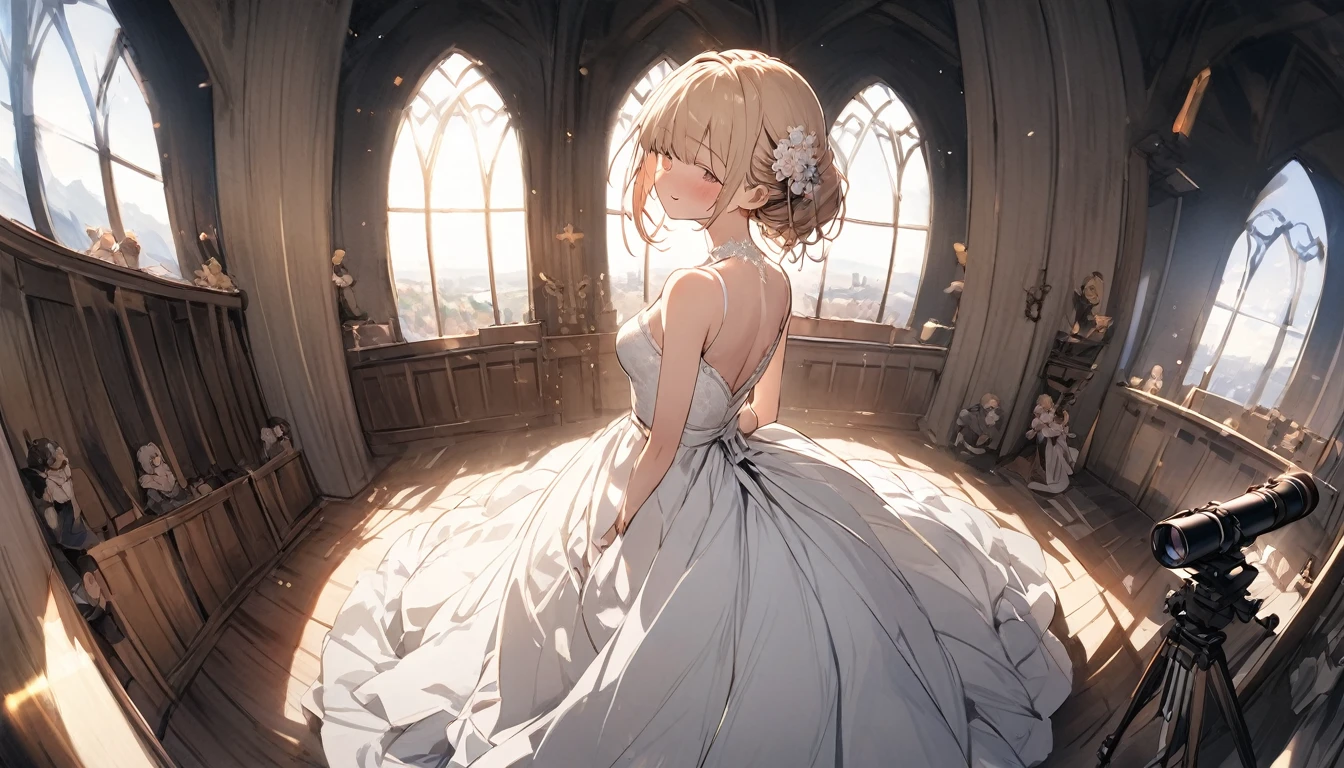 (Highest quality, High resolution, masterpiece:1.2,), figure, noon, One girl, whole body, (Wedding dress), Put your arms behind your back, Wait for a kiss, View your viewers, Happy, blush,telescope lens,Fisheye Lens,Panorama shooting,church,Chapel,Close your eyes and wait,Natural light,from front, from above,natural lighting,deep focus