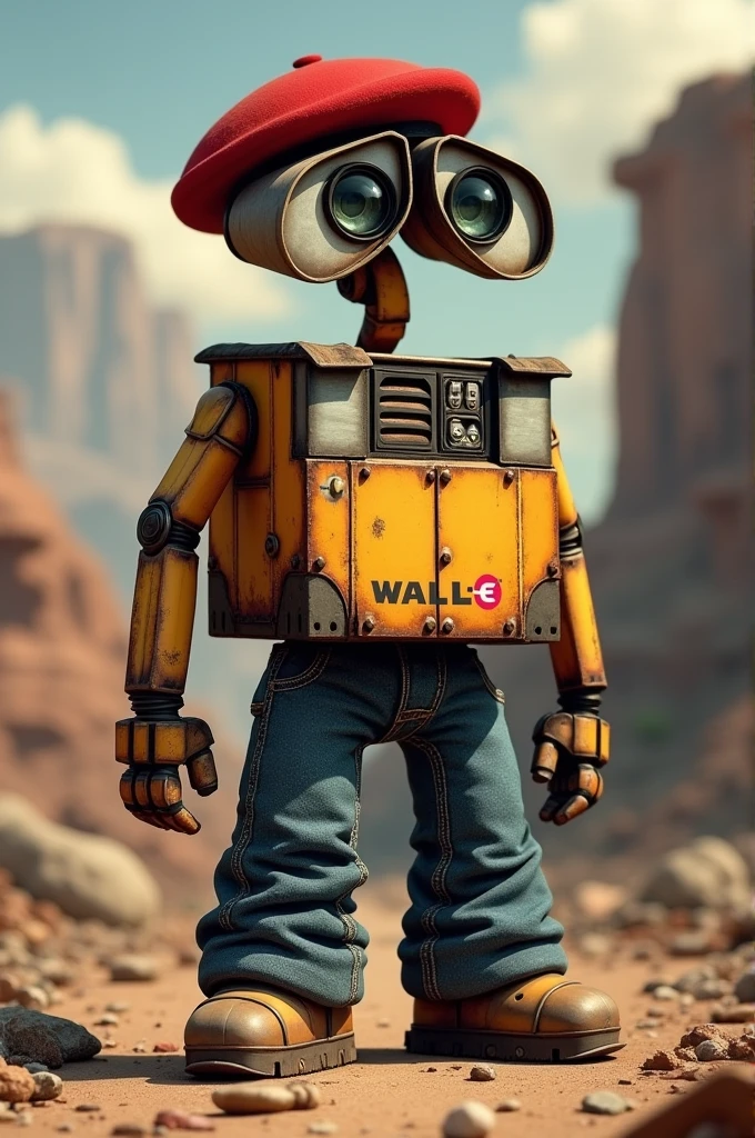 WALL-E with Levis jeans and a red military beret 