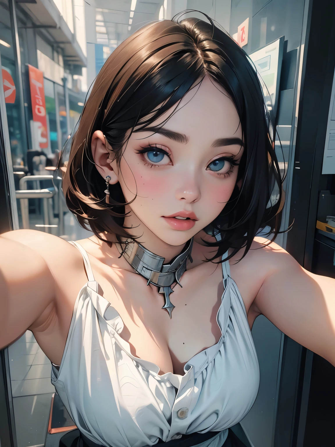 full body image,8ก, better quality, work of art, Ultra high resolution, (realism: 1.4), original photo, (Realistic skin texture: 1.3), (Film texture: 1.3), (Selfie corner), 1 woman, Beautiful eyes and facial details, short hair,ในชุดกิโมโน มีเสน่ห์ หน้าอกใหญ่ openly,open shoulder,openly,work of art, better quality, looking at the audience