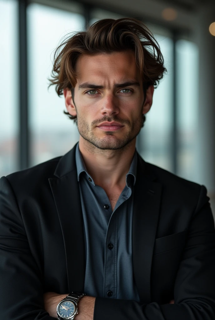 The photo can be taken in an environment that reflects Liam's personality., like a modern, minimalist office with large windows and a city view in the background. Alternatively, a neutral background can better highlight the focus on the character. - **Position and Expression:** Liam is standing or sitting with an upright posture, demonstrating his serious and confident character. Your gaze is penetrating, with his green eyes fixed directly on the camera, conveying intensity and introspection. The expression on the face is a slight frown., emphasizing his seriousness. - **Appearance:** Her brown hair is styled naturally, with a slightly messy style that adds a touch of casualness to your serious look. He wears a sober colored shirt, like dark blue or gray, maybe with a dark blazer on top, suggesting your taste for a refined casual style. A discreet wristwatch can complete the look.. - **Lighting:** The lighting is soft and directed to highlight Liam's facial features., with a light that highlights her green eyes and brown hair. Lighting can create a slight contrast to accentuate the depth and seriousness in your expression.. This description should help create a clear mental image of Liam Carter.!