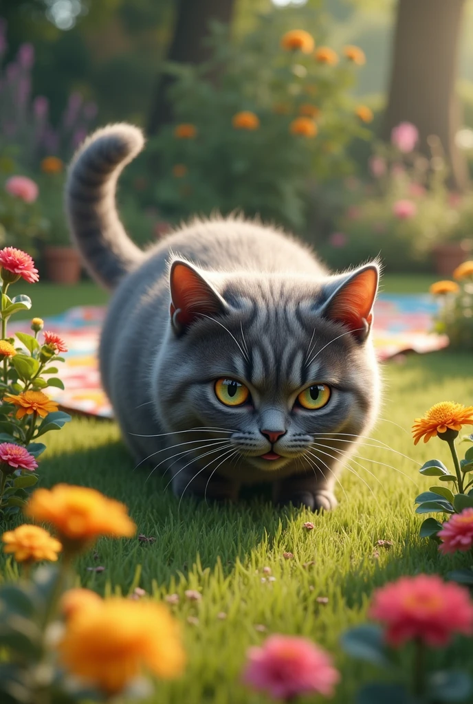 A gray chubby cat looking around frantically in the garden, the picnic blanket behind him, and no kitten in sight.