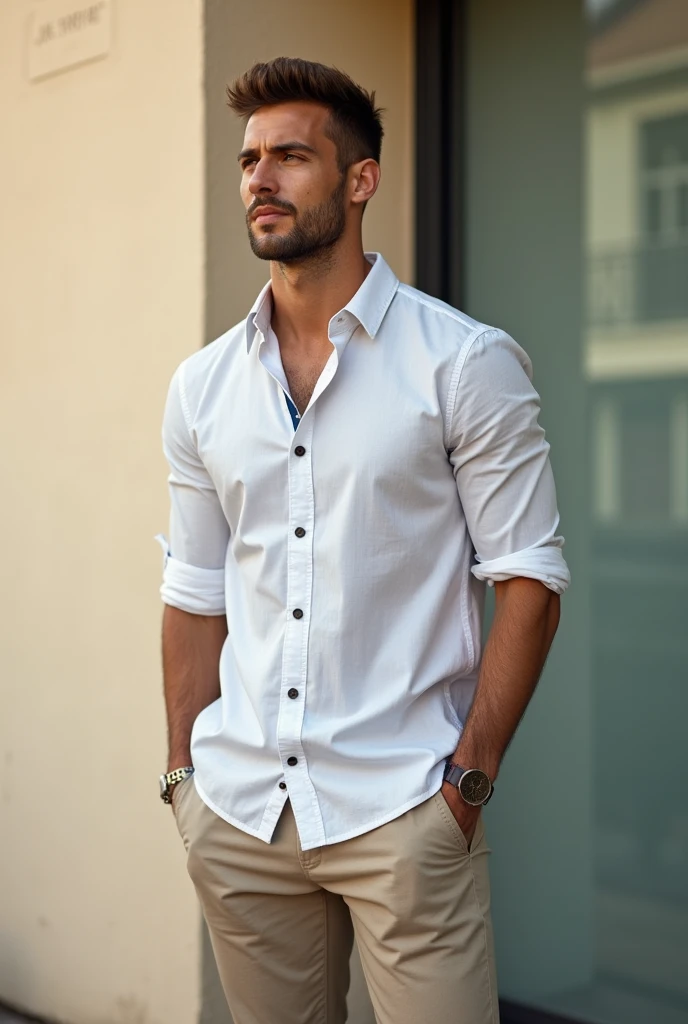 A 2 skinny guy wearing lapel style half sleeves shirt in and the chino style pants standing in day light near the walls looking attractive