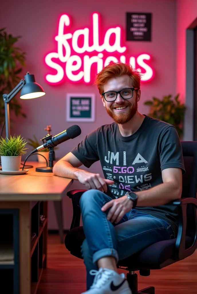 The background could have the name of the podcast “fala serious” in Portuguese in fun typography. Comfortable, modern furniture like a light wood table and black chair with lilac accents add personality. Warm lighting with subtle LED lights creates a welcoming atmosphere. Plants, images with funny phrases and high-quality microphones complement the look, reflecting the light and humorous tone of the program. man Thick-rimmed glasses, t-shirts printed with geek references, and a casual style, with sneakers and jeans. redhead blue eyes