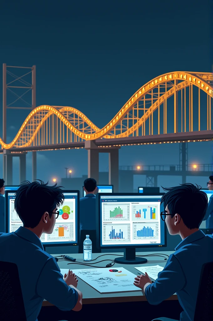 Create an image where civil engineering students use the Python program to calculate the material strength of a bridge and its cost