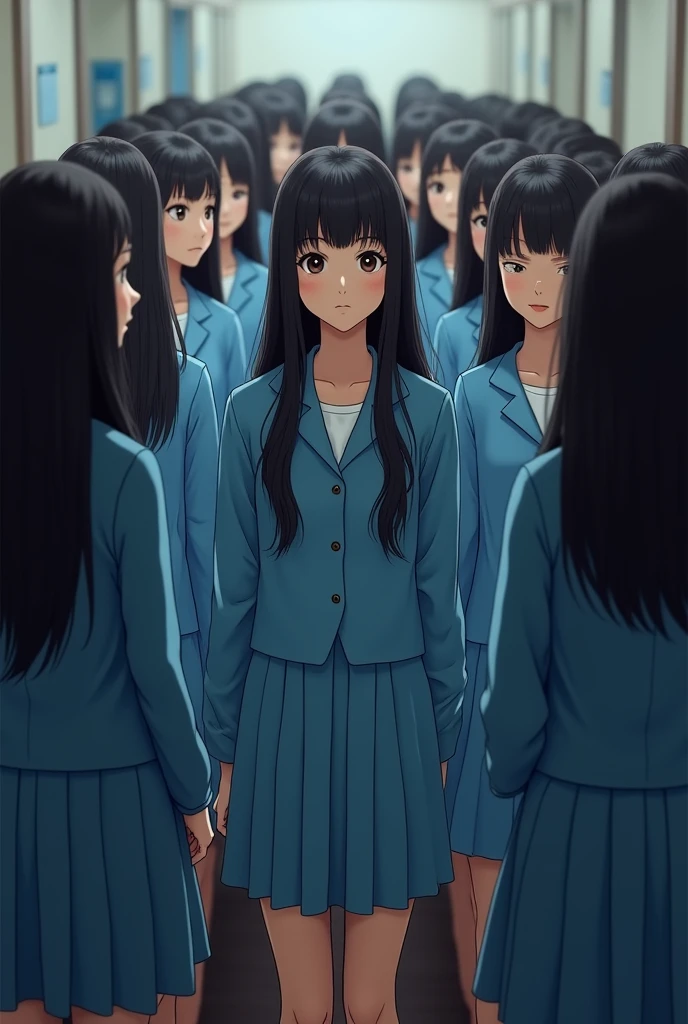 50 long haired Asian girls in realistic blue school uniforms standing in a small room