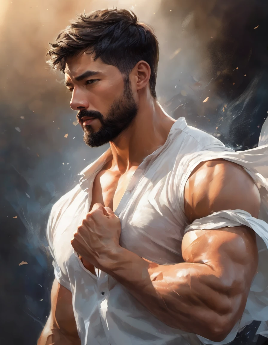 full color,a handsome male,around 30 years old,Mature and sexy,short black hair,Short beard,Strong body,muscular,thick hair,Chest hair, leather shirt,Gathering his last strength.,make a fist,Dirty equipment,anger,,brave,dim background,flash,beautiful light and shadow,rendering,zentangle element,wind effect,masterpiece,The highest masterpiece,polite yet bold,Dynamic,Semi-realistic style,detailed details,Illustrations that excite your audience,medium long shot,Standing posture