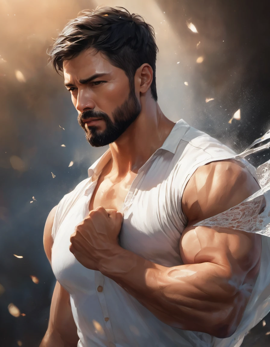 full color,a handsome male,around 30 years old,Mature and sexy,short black hair,Short beard,Strong body,muscular,thick hair,Chest hair, leather shirt,Gathering his last strength.,make a fist,Dirty equipment,anger,,brave,dim background,flash,beautiful light and shadow,rendering,zentangle element,wind effect,masterpiece,The highest masterpiece,polite yet bold,Dynamic,Semi-realistic style,detailed details,Illustrations that excite your audience,medium long shot,Standing posture
