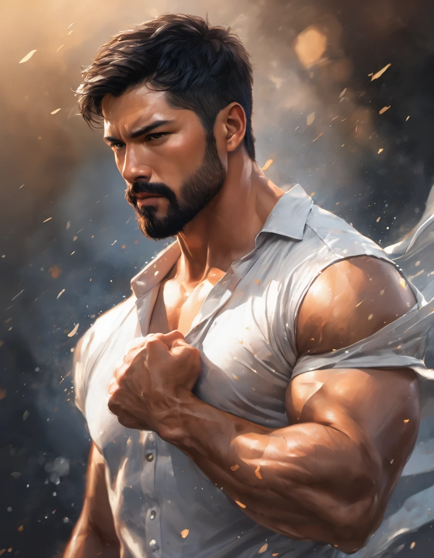full color,a handsome male,around 30 years old,Mature and sexy,short black hair,Short beard,Strong body,muscular,thick hair,Chest hair, leather shirt,Gathering his last strength.,make a fist,Dirty equipment,anger,,brave,dim background,flash,beautiful light and shadow,rendering,zentangle element,wind effect,masterpiece,The highest masterpiece,polite yet bold,Dynamic,Semi-realistic style,detailed details,Illustrations that excite your audience,medium long shot,Standing posture