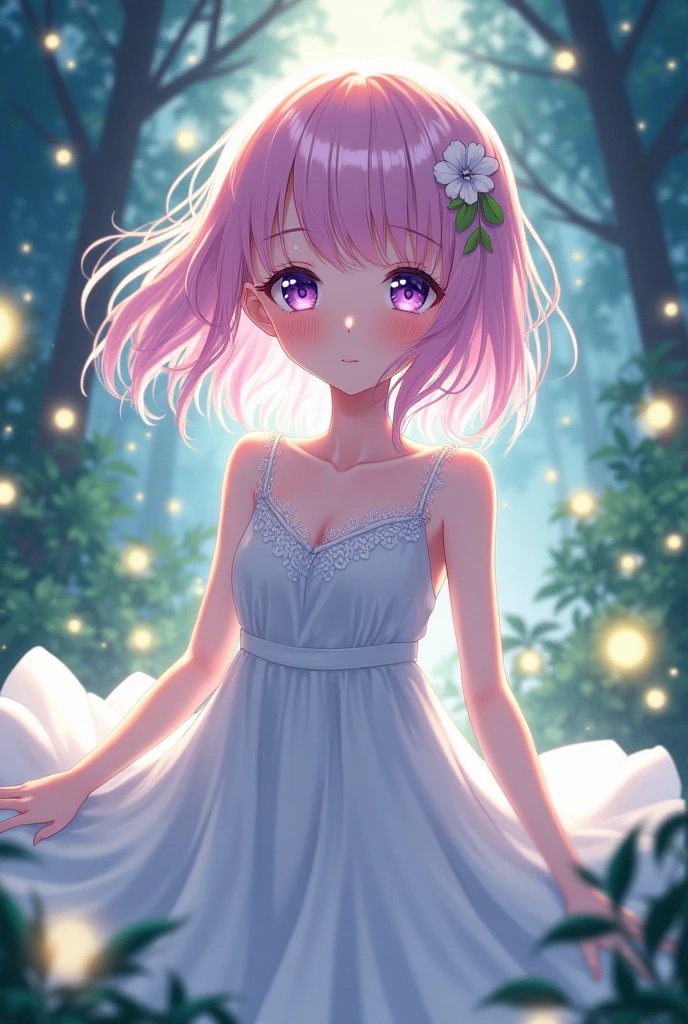 Anime girl purple eyes light pink hair with light green hair highlights wearing a white flowy dress surrounded by fireflies intricate details