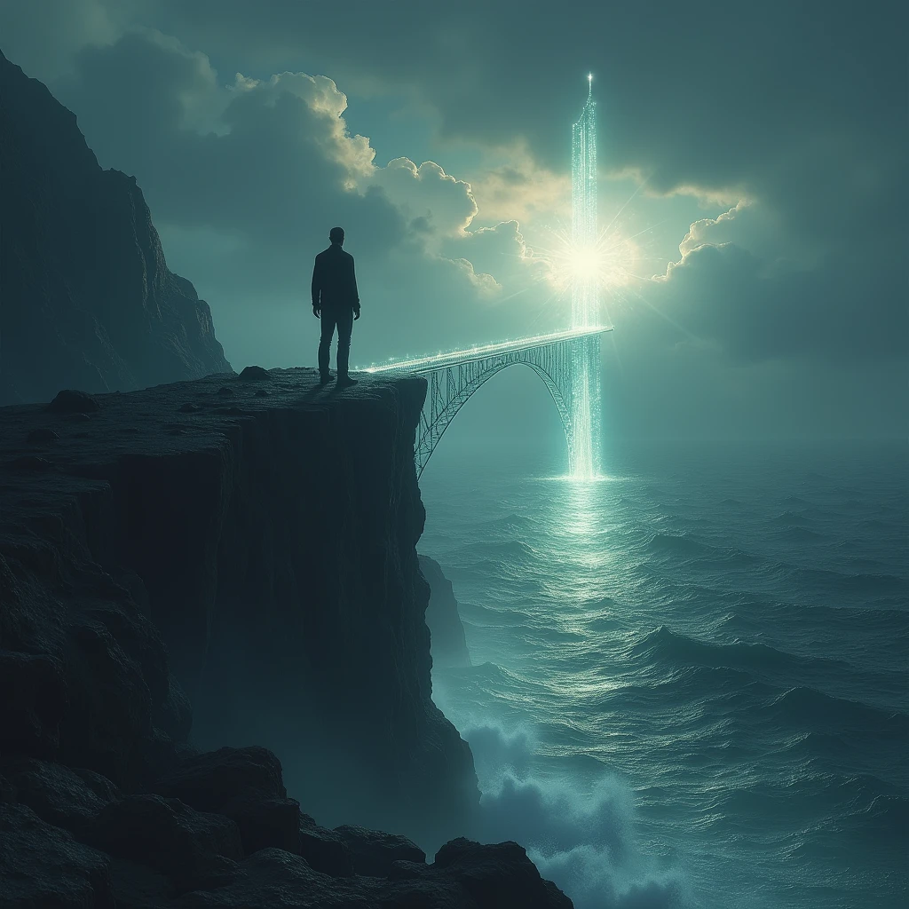 A person standing on a cliff overlooking a vast, dark ocean. A bridge of light extends from the shore, leading towards a radiant, heavenly city. The person steps onto the bridge, symbolizing their journey from darkness into the kingdom of light.