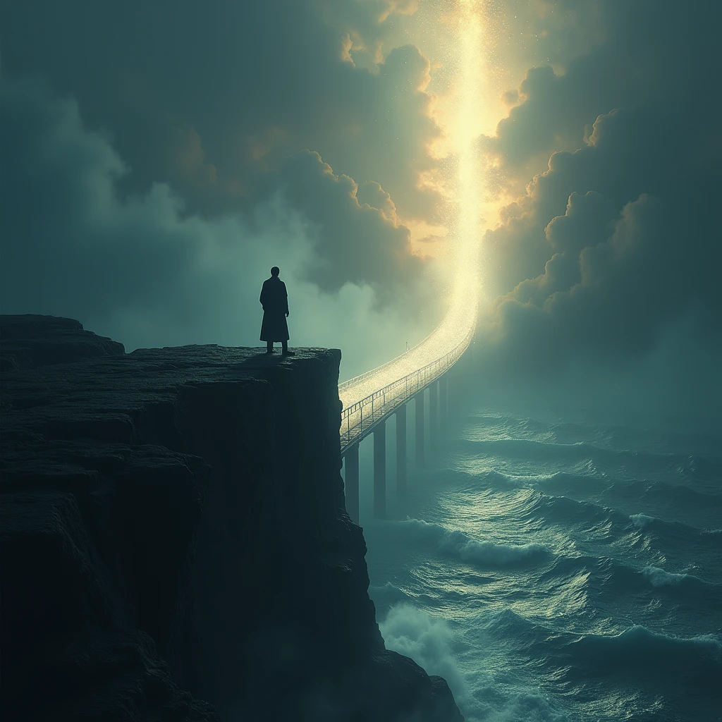 A person standing on a cliff overlooking a vast, dark ocean. A bridge of light extends from the shore, leading towards a radiant, heavenly city. The person steps onto the bridge, symbolizing their journey from darkness into the kingdom of light.