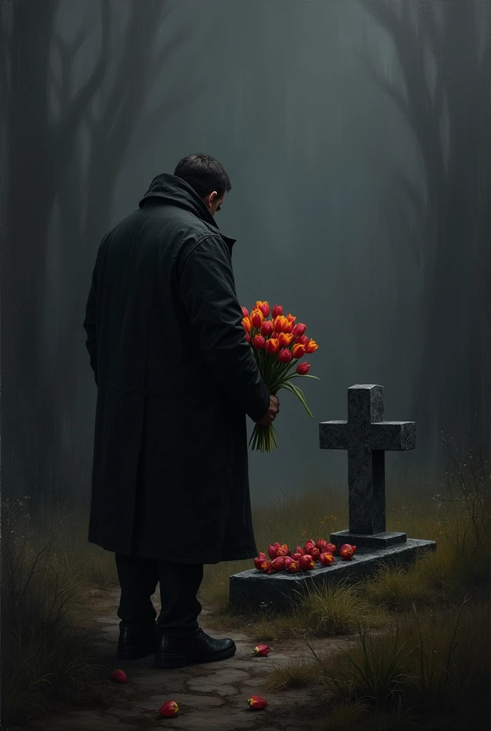 black colors are predominant, a man holding a bouquet of tulips at a grave, we see the man from behind, oil painting