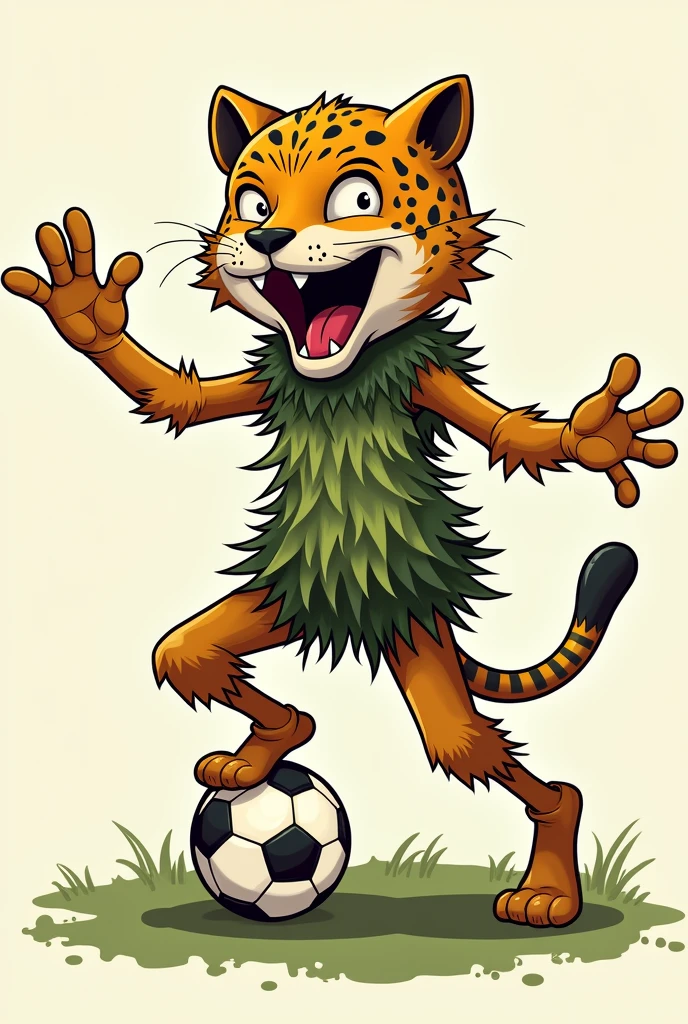 PERSON DRESSED IN HISTLE CLOTHING WITH FEATHER-LIKE ROPE DANCING WEARING A JAGUAR MASK WITH HIS MOUTH OPEN AND ARMS OPEN HUGGING A SOCCER BALL IN A CARTOON 
