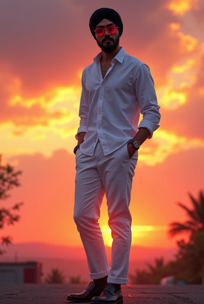 A man with stylish no beard , wearing black turban with sunglasses , white shirt and boot cut trousers , chalsea shoes standing in sunset