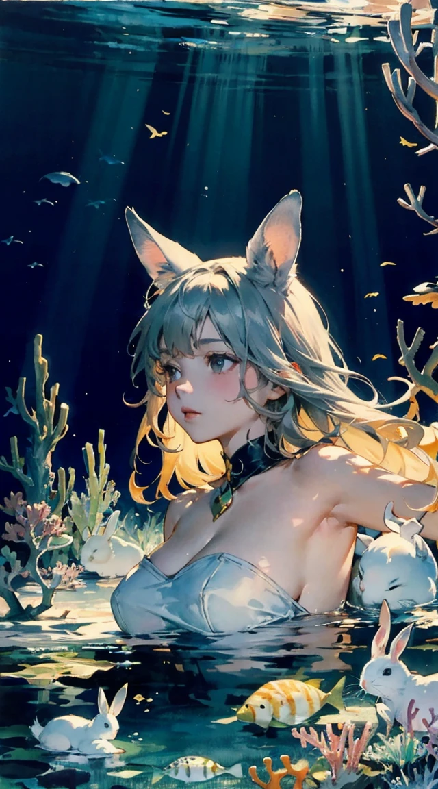 Underwater, undersea,
Fantasy world,
In the dark of night, the eyes emit a searchlight light,
Villages utilizing giant rabbits, giant rabbits are useful in people's lives, healing, transportation, and entertainment,
women with cat-ears, bare shoulder,sideboob,Close-up of the upper body,
deep sea-mist, cat trees on the sea, cat shadows under the sea, light and darkness,flying carrot-cats,
Artistic, memorable masterpieces, moments in history,(fantastical and mesmerizing scenery)
Watercolor:1.3, Delicate, Detail, Masterpiece, (sea-rabbits:1.3),intricate line drawing