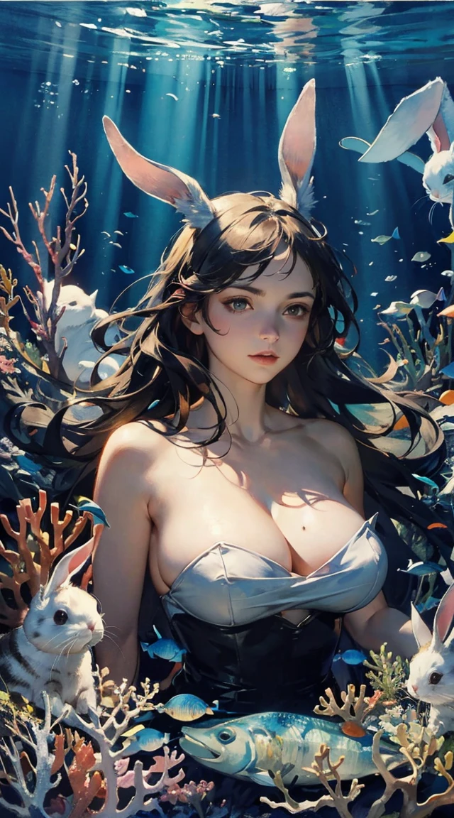 Underwater, undersea,
Fantasy world, 
In the dark of night, the eyes emit a searchlight light,
Villages utilizing giant rabbits, giant rabbits are useful in people's lives, healing, transportation, and entertainment,
women with cat-ears, bare shoulder,sideboob,Close-up of the upper body,
deep sea-mist, cat trees on the sea, cat shadows under the sea, light and darkness,flying carrot-cats,
Artistic, memorable masterpieces, moments in history,(fantastical and mesmerizing scenery)
Watercolor:1.3, Delicate, Detail, Masterpiece, (sea-rabbits:1.3),intricate line drawing