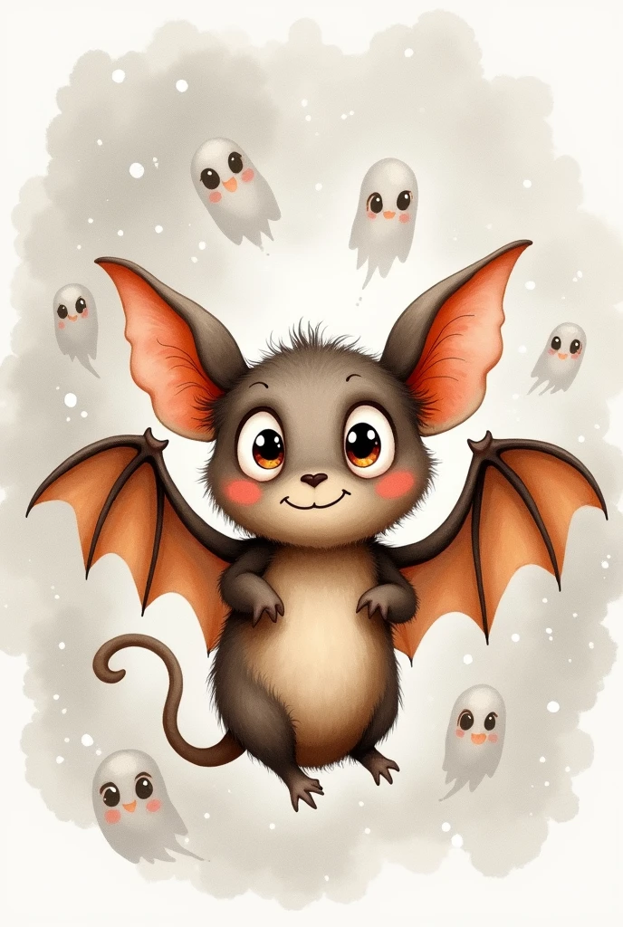 A drawn watercolor bat with big, round eyes .In the background, little ghosts with big, round eyes fly.The background is grey with white dots.The whole is softly drawn and in warm tones