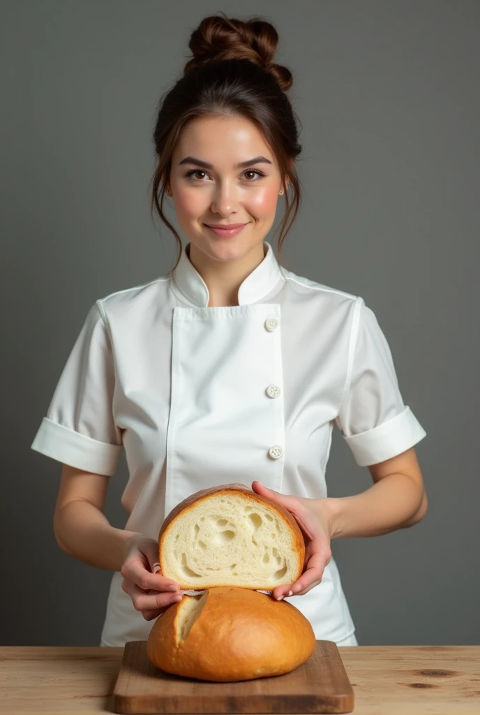 Woman dressed in white baker&#39;s uniform opening a crustless loaf of bread on a table