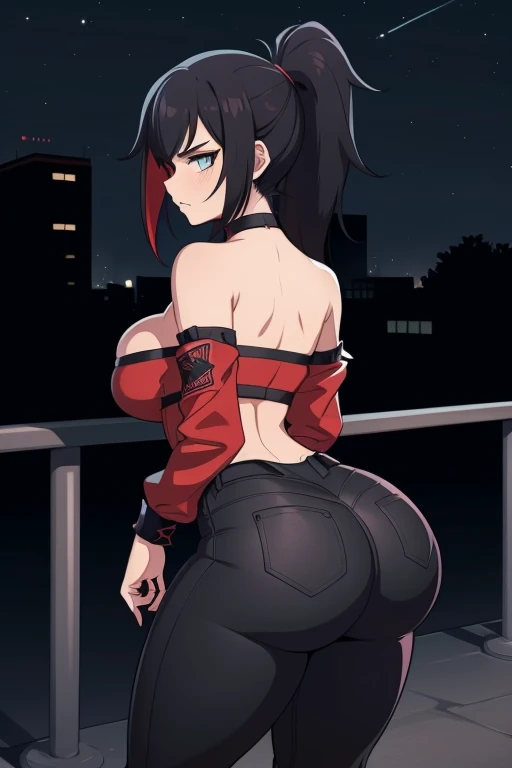 20 year old woman, busty, bubble butt, huge ass, round ass hourglass figure, skinny, blushing, panicked expression, horny, seductive, black hair, long hair, ponytail hair, messy hair, red streaked hair, spiky hair, wearing wearing tight black tube top, cropped biker jacket, black jeans, choker, high heels, tight fitting clothing, cleavage, middrift, anime, city at night, outside, punk, punk style, punk hair, doujin style, manga, flat colours, 2d manga, strapless, bare arms, bare shoulders, ass focus, ruby rose, rwby