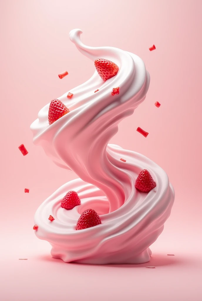 Reverse swirl coming from below in 3D of strawberry yogurt with strawberry pieces