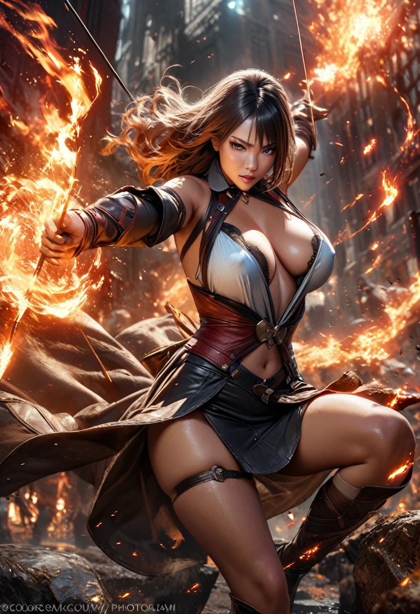 {best quality,4K,8k,highres,masterpiece:1.2),ultra-detailed,(realistic,photorealistic,photo-realistic、looking at the camera}、{Very large breasts、Covered nipples、extremely detailed eyes and face}、Flaming background、(Has a fire element、There are sparks、Holding a bow、Bow and Arrow)、vibrant colors、Thigh