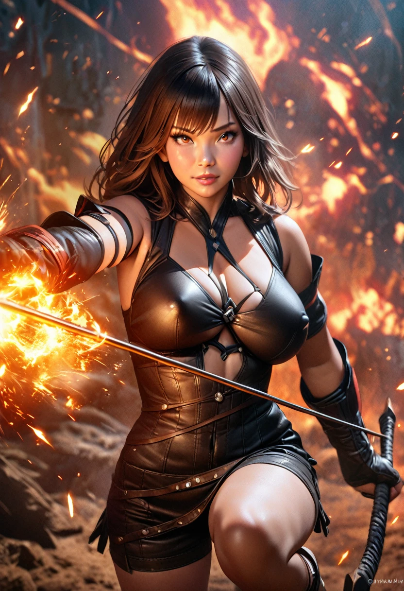 {best quality,4K,8k,highres,masterpiece:1.2),ultra-detailed,(realistic,photorealistic,photo-realistic、looking at the camera}、{Very large breasts、Covered nipples、extremely detailed eyes and face}、Flaming background、(Has a fire element、There are sparks、Holding a bow、Bow and Arrow)、vibrant colors、Thigh