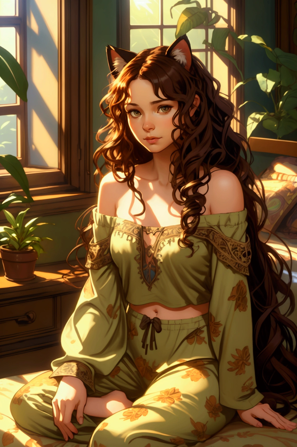 (photorealism:1.2), beautiful woman, cat ears, sitting on bed, wearing loose off-shoulder top, pajama pants, long curly hair, indoors, soft lighting, plants in background, window with sunlight, cozy room, relaxed pose, realistic, intricate details, warm colors, by Greg Rutkowski, by Alphonse Mucha