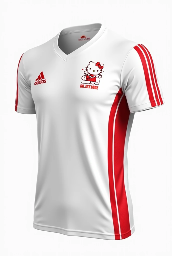 create a WHITE t-shirt with red STRIPE detail S BUT WITH DETAILS OF JAPAN and hello kitty with a print for a sports team with a design based on Japan with a few details of hello kitty ON THE T-SHIRT - make the front of the shirt and on the back do not put any logo - add details that refer to Japan with a small Japanese flag with nothing written