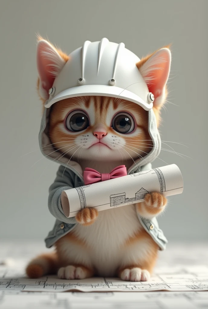 make a tiktok-format kitten with tender and tearful eyes with an architect helmet and a pink bow, extremely sad and tired. dressed as an architect and holding a blueprint