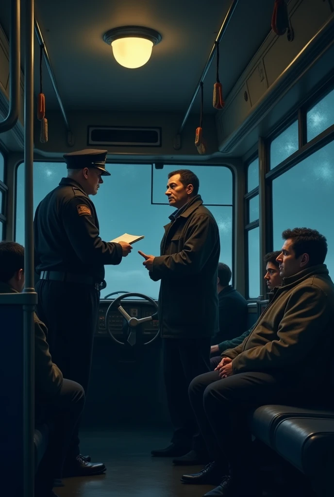 Bus conductor talking with lady and men
for ticket. Night scene and no other in bus only husband his wife and hus conductor