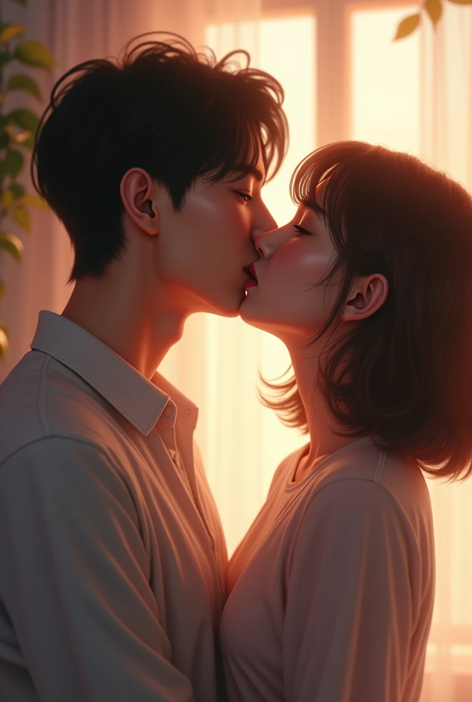 BTS&#39;s Jungkook kissing Luiza, a girl with fair skin, one sign above and one below on the left side of the face near the mouth, with medium length light brown hair and small lips
