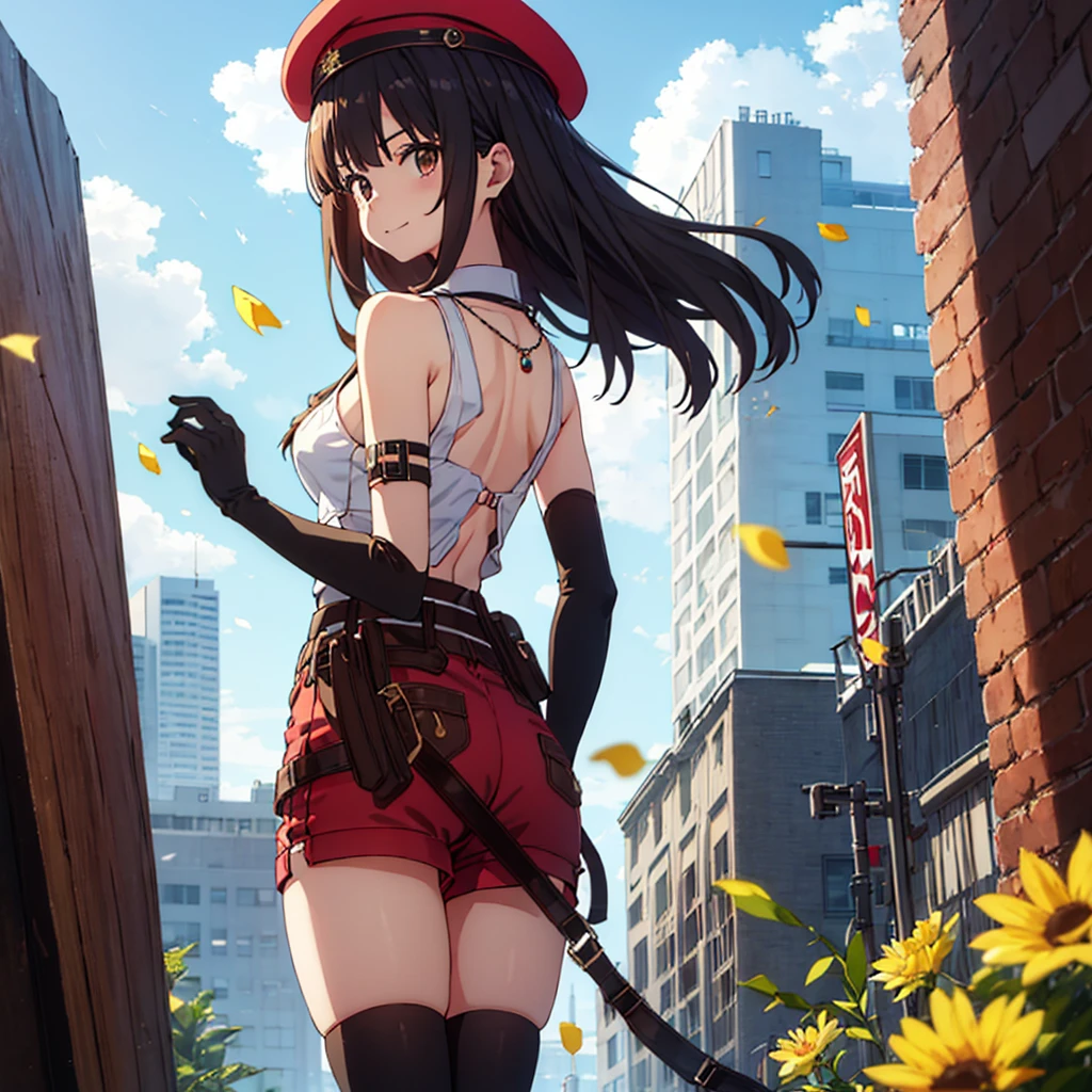 1girl,bangs,brown_hair,solo,blush,boots,hat,jacket,white_headwear,bare_shoulders,braid,breasts,brown_eyes,jewelry,necklace,shorts,blue_sky,eyebrows_visible_through_hair,outdoors,sky,short_hair,smile,gloves,cloud,looking_at_viewer,thighhighs,star_(symbol),cloudy_sky,thighs,cowboy_shot,hair_ornament,hairclip,looking_back,wind,hairband,medium_breasts,flower,standing,ass,petals,sleeveless,short_sleeves,belt,from_behind,white_legwear,thick_thighs,clothing_cutout,skindentation,beret,short_shorts,closed_mouth,single_glove,key,red_shorts,pouch,brown_gloves,yellow_flower,brown_belt,key_necklace