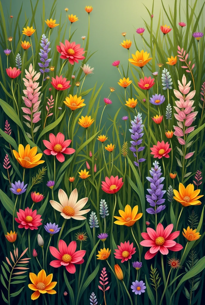 Garden with less but differently coloured wildflowers and matching leaves with grass and little space between each flower