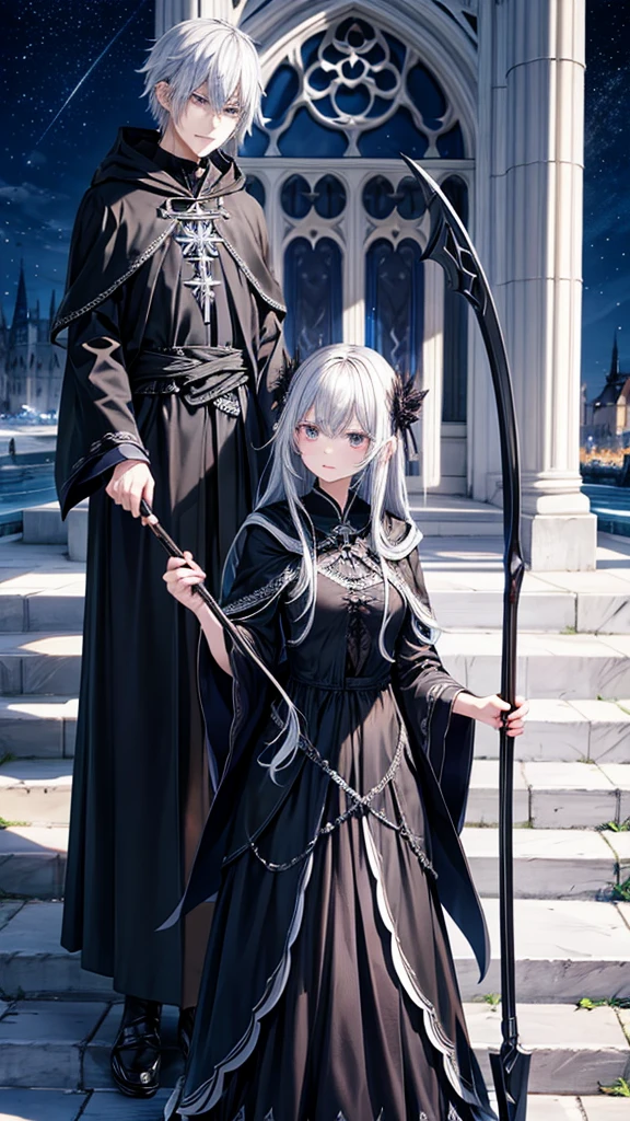 woman、beautiful、Silver Hair、Black embroidered hood、Embroidered and decorated robes、Black Dress、What size is the person standing there holding a scythe in his hand?、Ice Magic、cathedral、night、dark、Elfriede