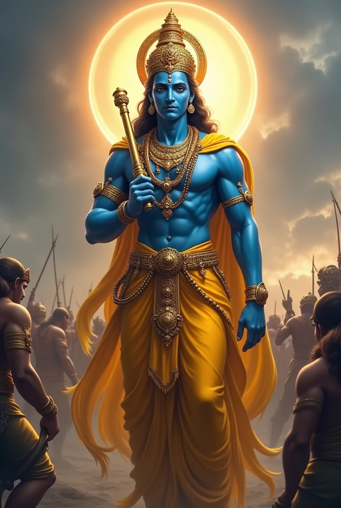 A majestic figure of a deity, depicted with a blue complexion, stands confidently in the center. Adorned in vibrant yellow drapery, he holds a flute in one hand, while the other is gracefully positioned by his side. His ornate crown and intricate jewelry add to his divine presence. A soft, glowing halo surrounds his head, illuminating the scene. In the background, indistinct figures appear engaged in a battle, adding to the dramatic and powerful atmosphere of the image.