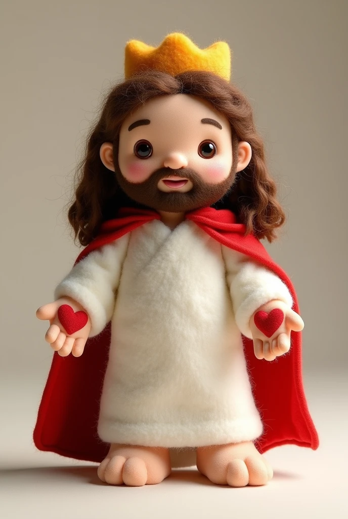 A cute Jesus plush toy, with wool texture, with dark orange eyes, with simple crown, the holes in the hands and feet in the shape of a heart in relief, white outfit, with a red cloak