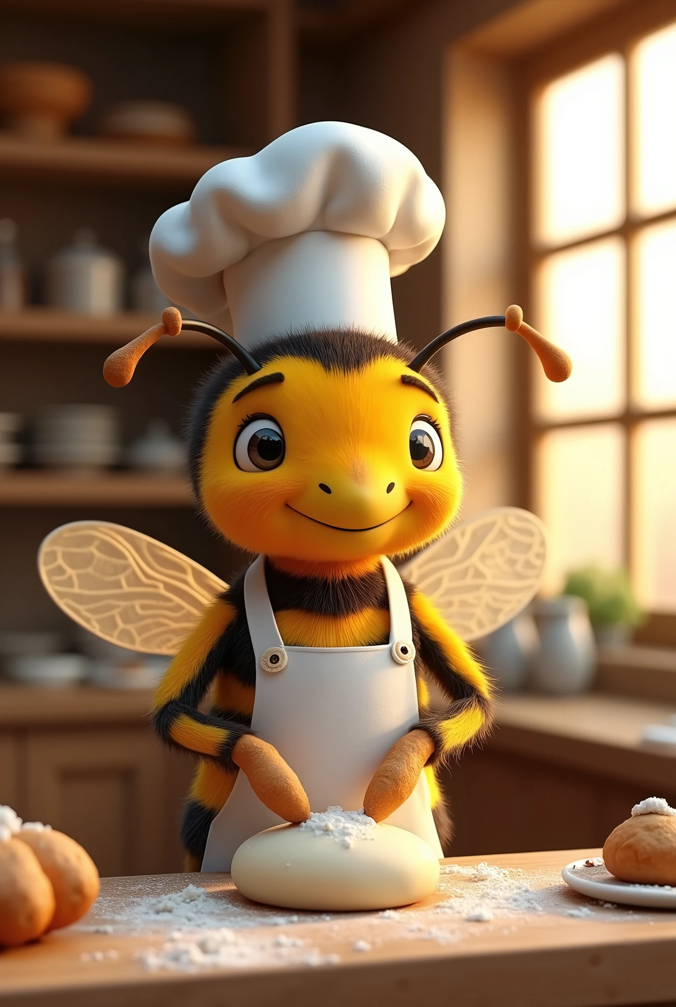 A 3D bee in the shape of a chef, wearing a classic white chef hat, is busy working in a cozy bakery. The Bee is focused, with a slightly mischievous expression, while kneading dough on a wooden work surface; warm, golden color temperature with soft natural lighting coming in through the nearby window, creating a rustic and inviting atmosphere.