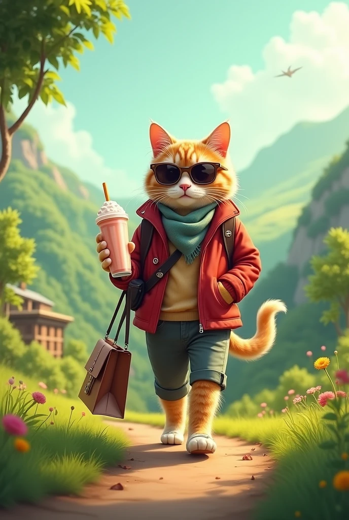 Cat walking and wearing Jacket holding milkshake and shopping bag wearing sun glasses smart cute cat walking
In landscape (for laptop resolution)