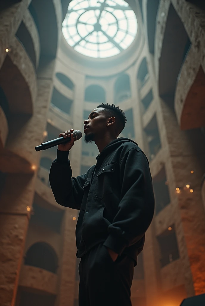 Dans un labyrinthe sur une scène un Jeune et beau noir, de 22 ans . artiste musicien , qui a une coiffure tapers dégradé, chante au micro une chansons rap/afrobeat.