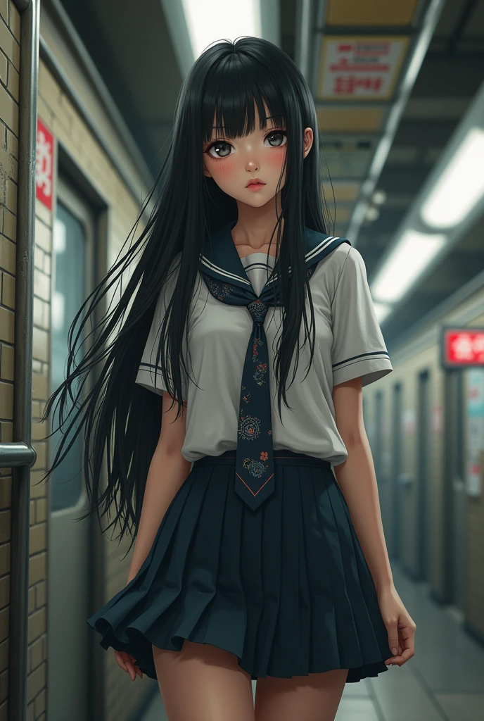 500 long haired big eyed asian girl in realistic school uniform standing in subway