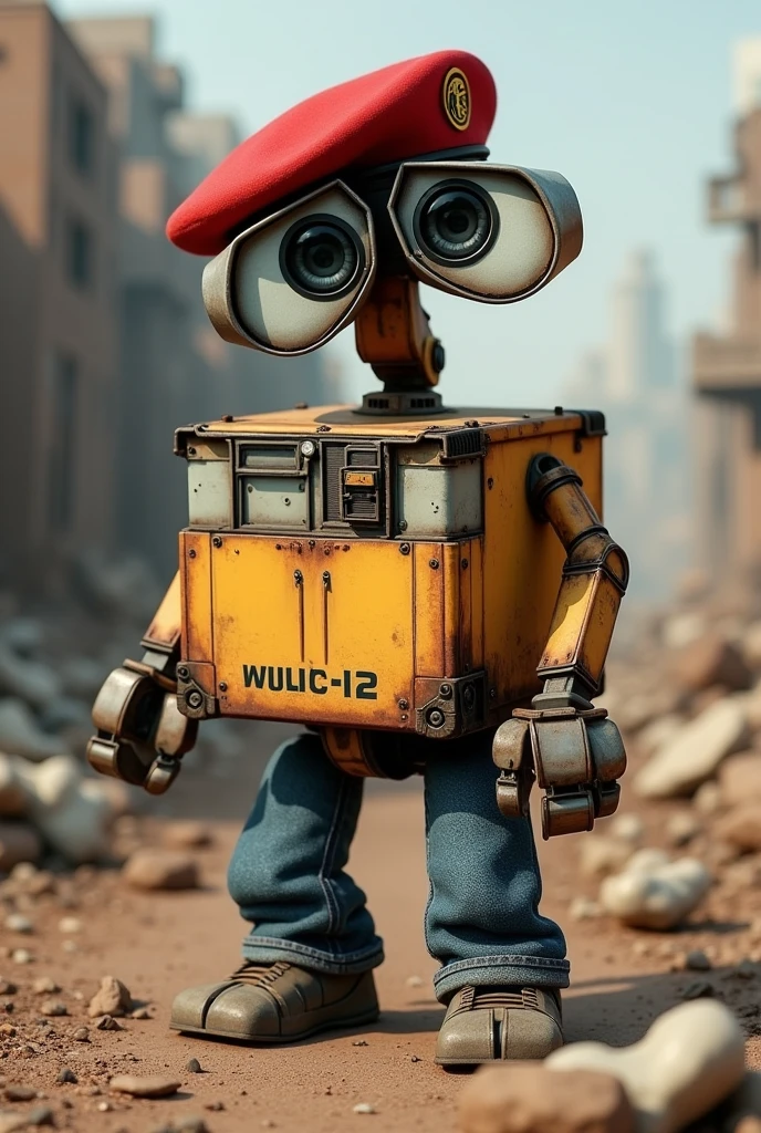 WALL-E with Levis jeans and a red military beret